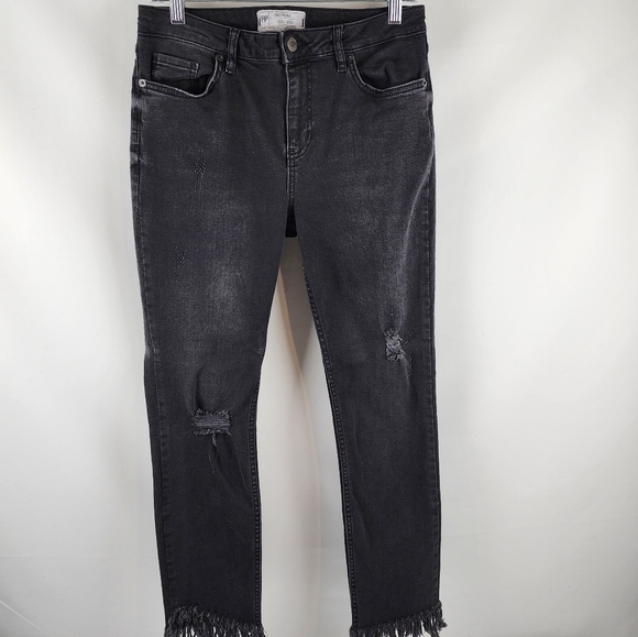 Free People Jeans Womens 29 Great Heights Distressed Frayed Skinny Black Denim - Picture 2 of 13
